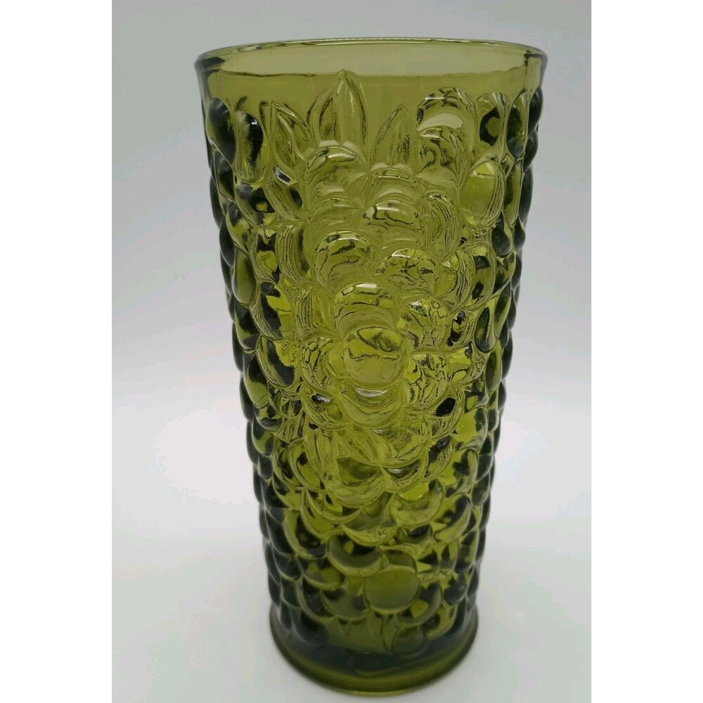 Vintage MCM Avocado Green Bubble Glass Vase Grapes 7.5”